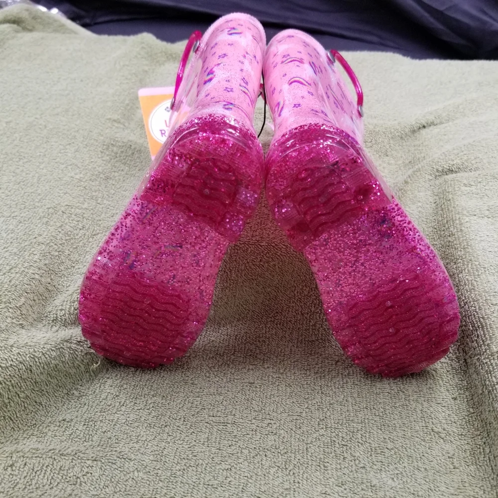Girls New Pink/Purple Light Up Rain Boots w/ Stars & Rainbows Size 7/8